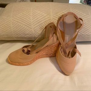 Stuart Weitzman canvas wedge espadrille with ankle lace up. Never worn. Size 38